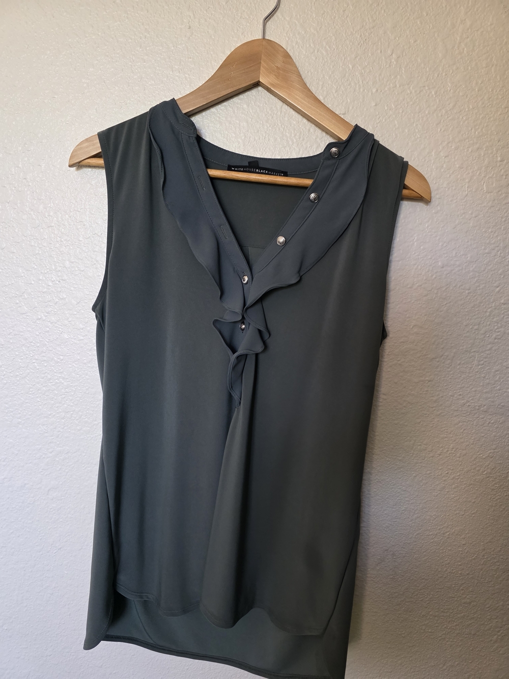 White House Black Market Slate Green Ruffle V-Neck Sleeveless Top